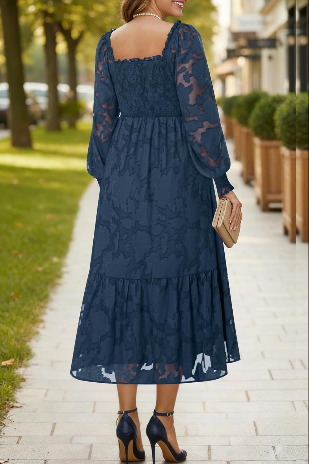 Women's Plus Size Fall Dress - Wedding Guest Long Sleeve Floral Lace Aline Flowy Midi Dress - Image 5