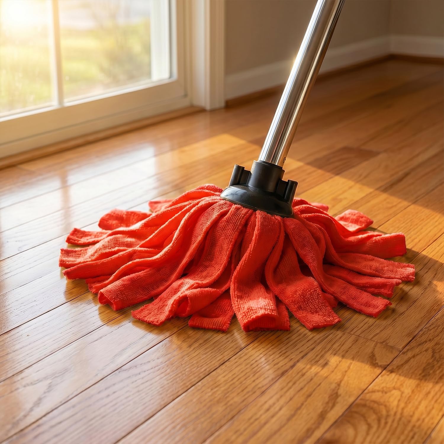 Microfiber Cloth Mop for Floor Cleaning with 2Pcs Replacement Head,Long Handle String Wet Floor Mop for Home,Hardwood,Laminate,Tile,Marble (Red)