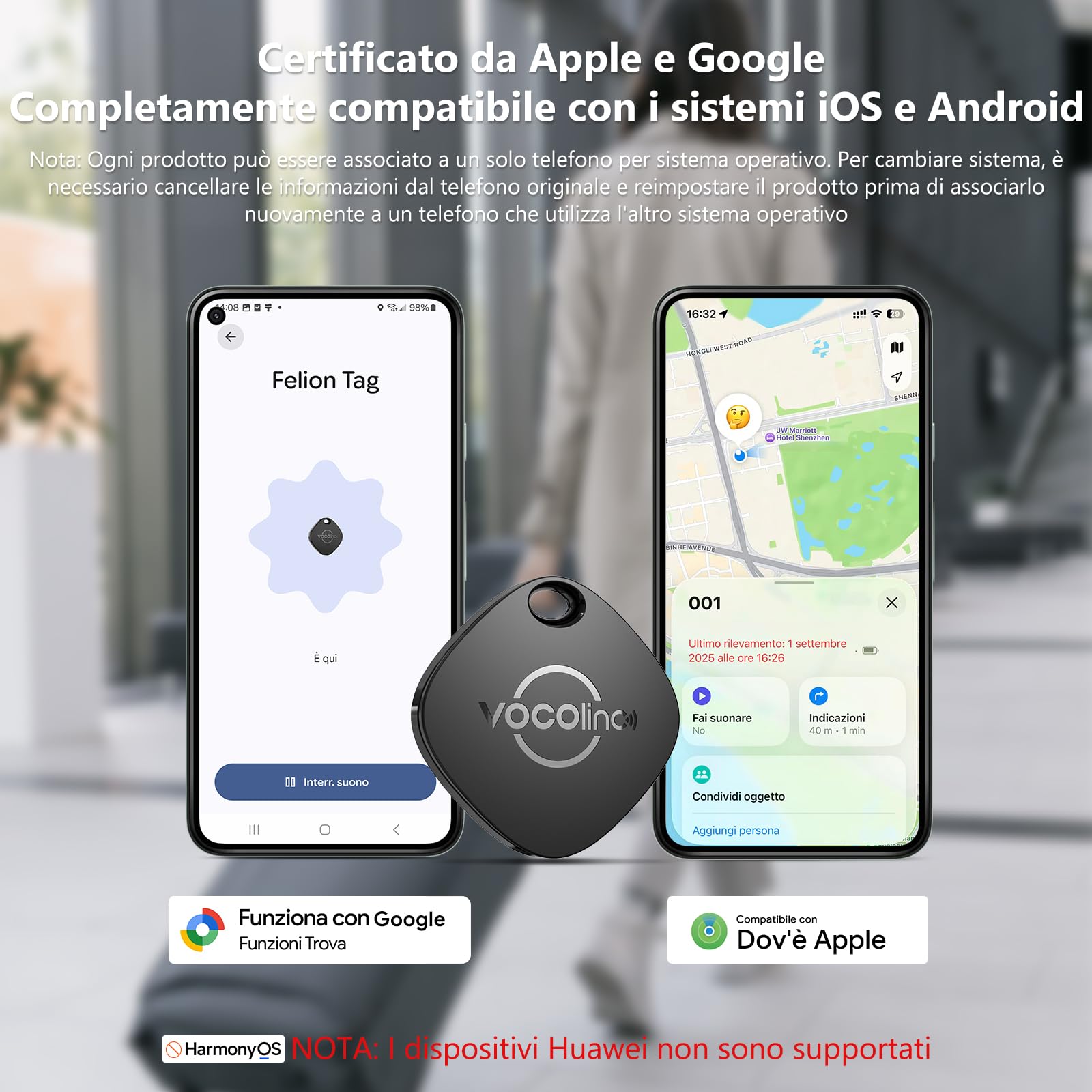 VOCOlinc Smart Tag Tracker Compatibile con Android Google Funzioni Trova o iOS Apple Dov'è App, Bluetooth Localizzatore per Chiavi/Portafoglio/Bagaglio/Zaino Borsa, 2 Pezzi Nero