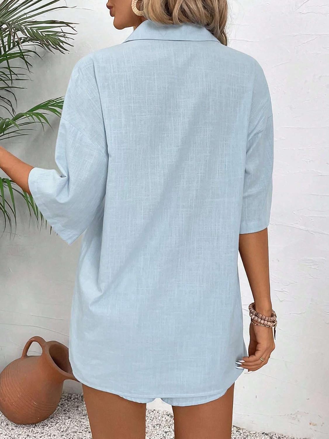 Women's 2-Piece Casual Summer Loose Front Button Shirt And Shorts Set
