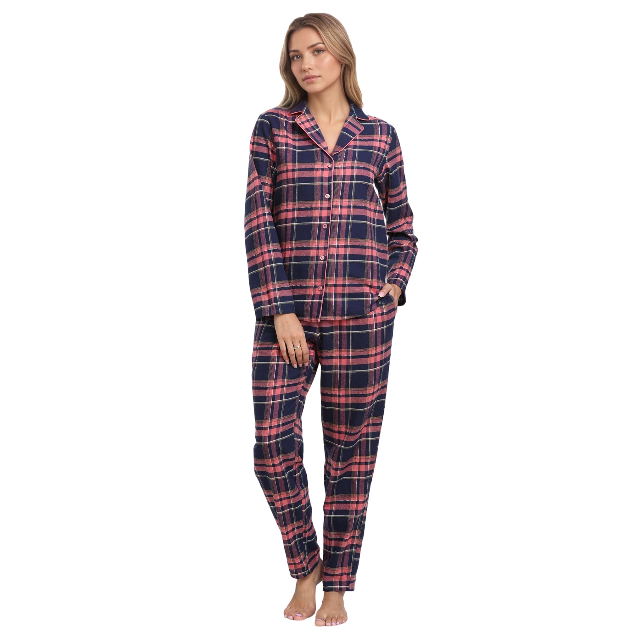 Mnemo Home Pijama largo de franela para mujer 100% algodón de franela
