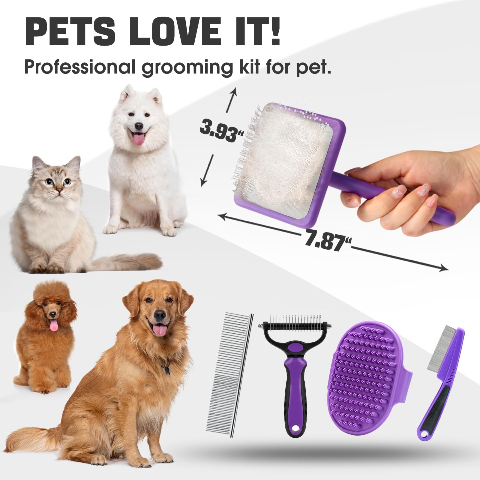 Bonteck Kit de aseo para perros, 4 piezas, cepillo para perros, cepillo largo para desenredar, cepillo de baño para perros, peine para pulgas, peine para perros, cepillo para pulgas, cepillo para