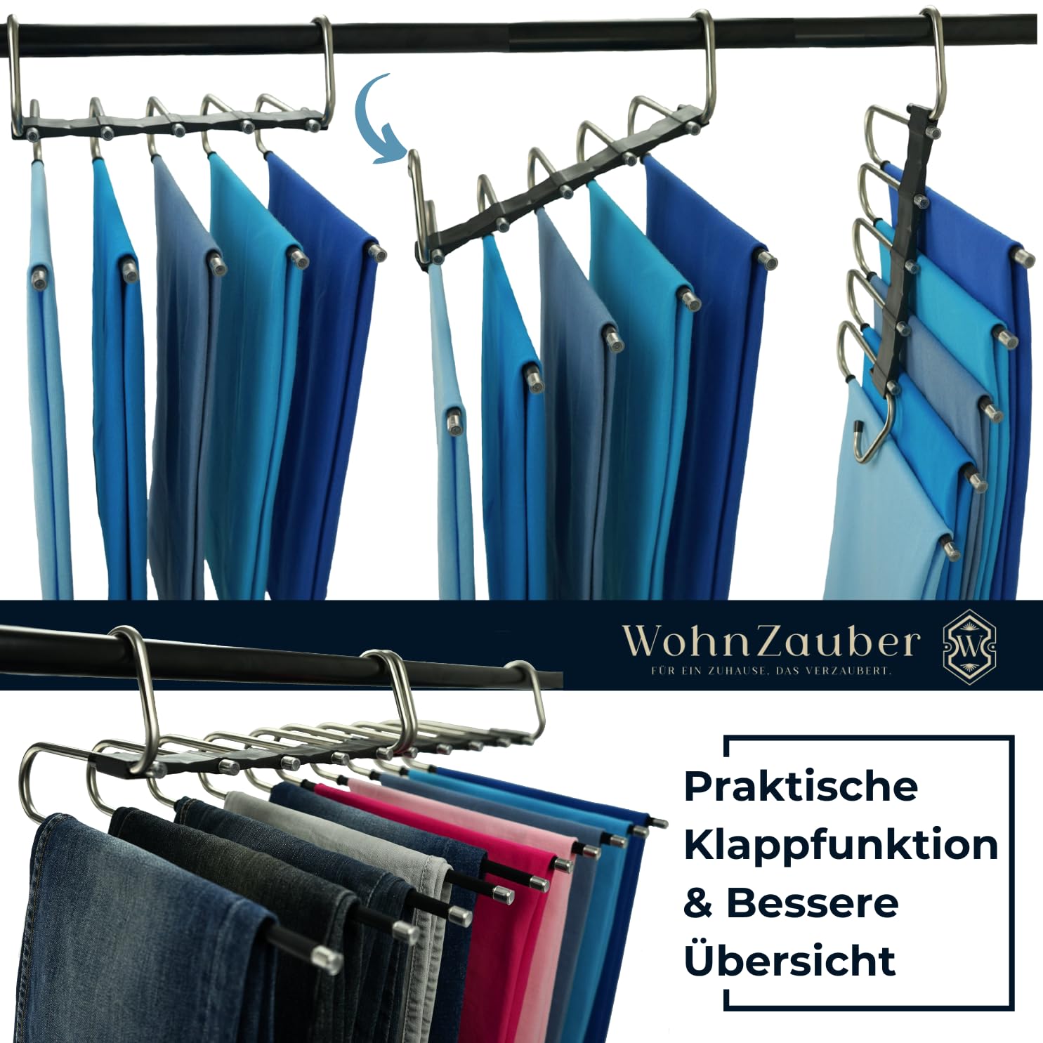 Kleiderbügel platzsparend 2X mehrfach Hosenbügel mit Rutschschutz - 5in1 Hosenaufhängung - Kleiderschrank Organizer (Schwarz)