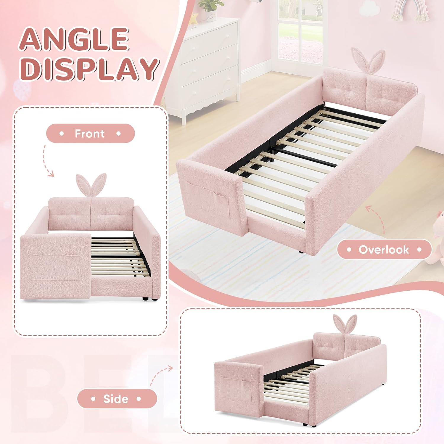Twin Size Kids Bed with Rabbit Ear Headboard, Upholstered Boucle Fabric Twin Daybed with Slats Support & Side Pockets, Space-Saving Wooden Corner Sofa Couch Bed Frame for Girls, Boys, Teenager(Pink)
