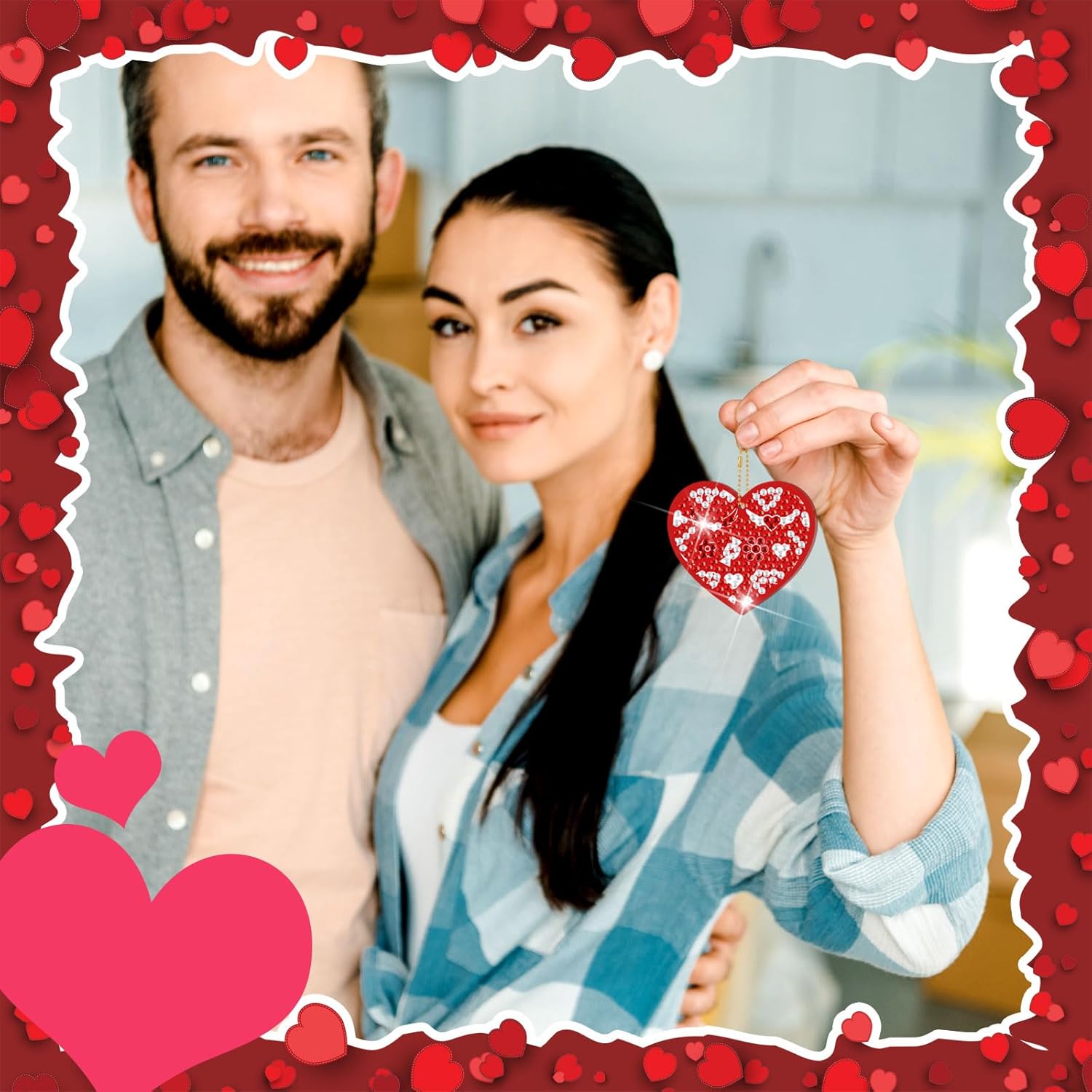 WILLBOND 30 Pcs Valentine's Day Heart Diamond Painting Keychain Kits Double Sided DIY Heart Diamond Art Keychain Ornaments for Adults Gem Key Ring Art Pendant Decor Crafts Accessories Gifts