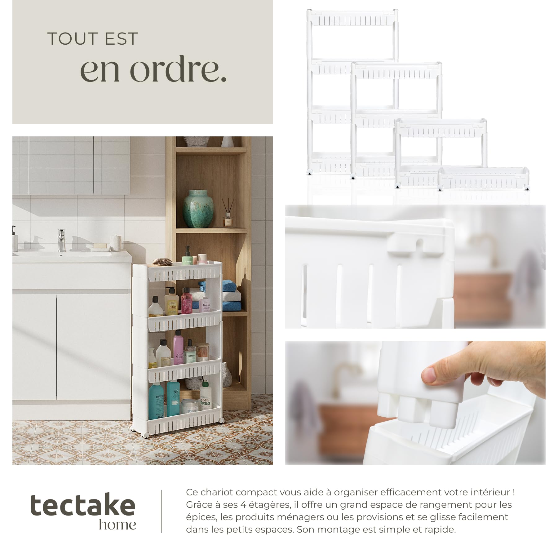 tectake® Chariot de Rangement 4 Niveaux, 54 x 12 x 101 cm, Desserte à roulettes, Chariot Cuisine, Etagere Roulette, Desserte à roulettes Cuisine, Servante Salle de Bain, Étagère Salle de Bain, Blanc