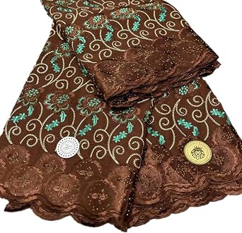 5 Yards Swiss Lace Fabric in Switzerland African 100% Cotton Embroidery with Stones Lace Fabrics for Party Dress. Brown
