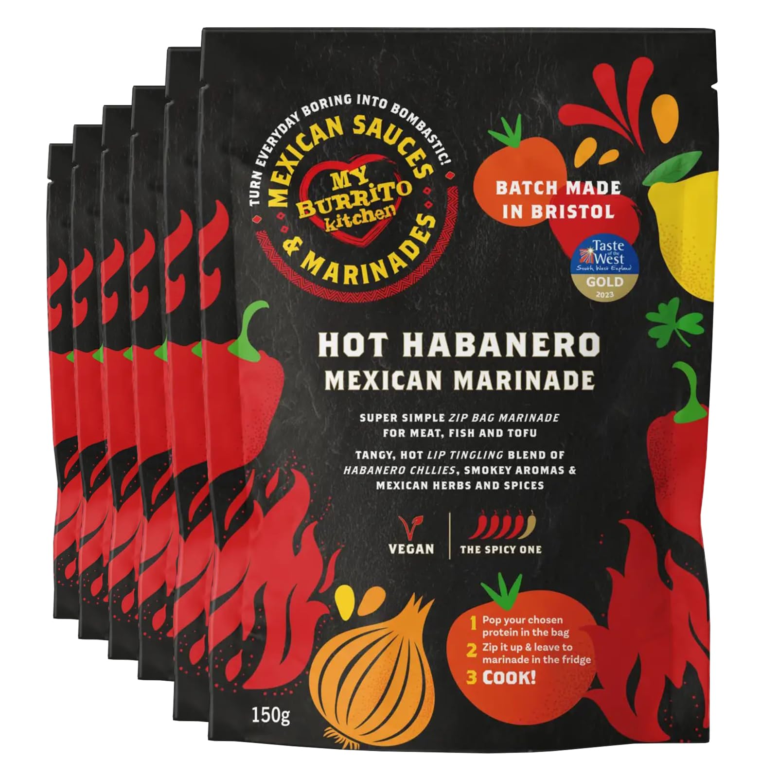 2 Stars 2024 Great Taste Awards - My Burrito Kitchen Hot Habanero Mexican Marinade (6 x 150g Pouches). Plant Based Herb & Chilli Mix. Super Simple Zip Bag. BBQ Seasoning For Meat, Fish, Tofu.