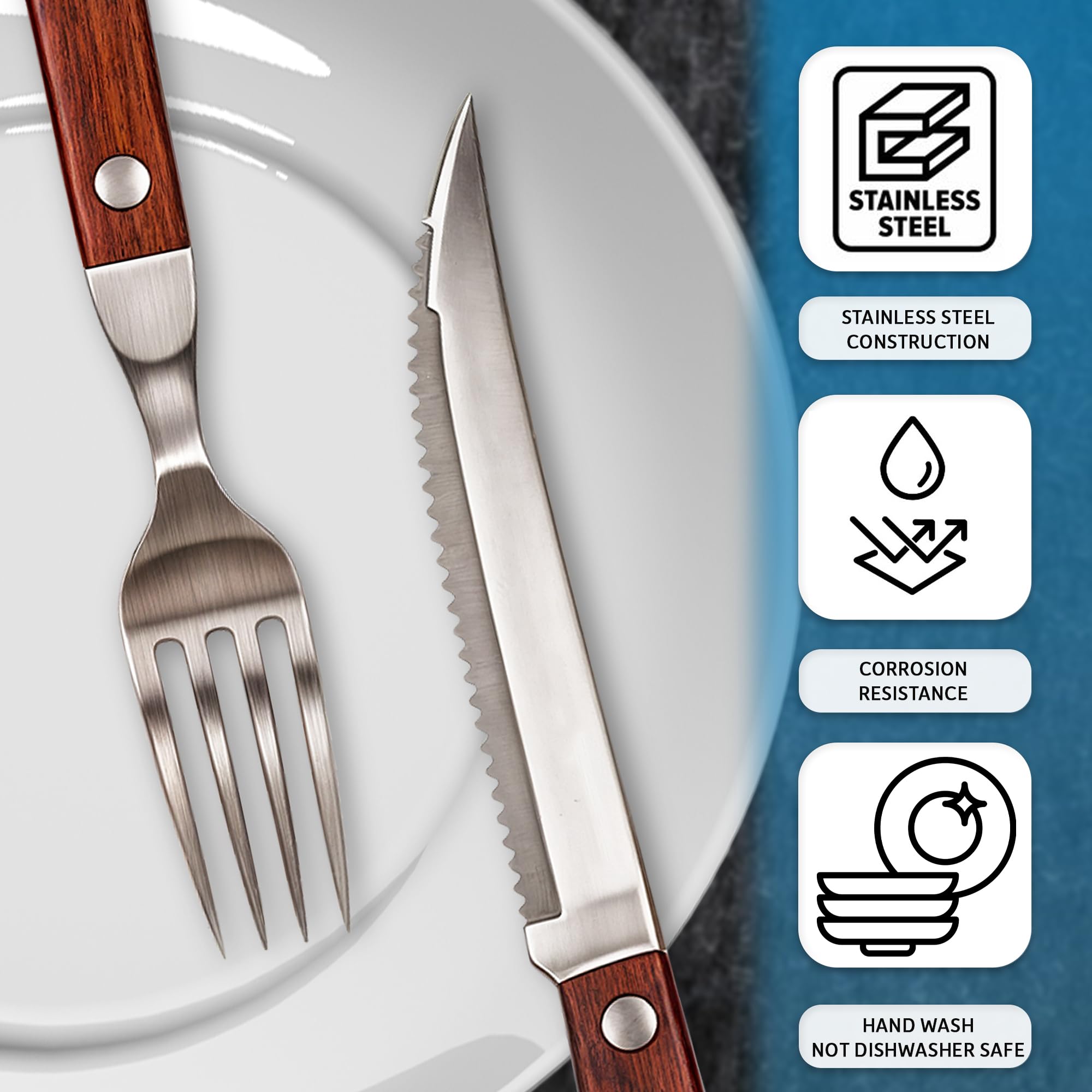 Set 24 Posate Da Bistecca In Acciaio Inox Con Manico Legno | 12 Coltelli E 12 Forchette - Foto 3