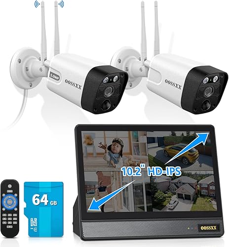 OOSSXX Monitor UHD de 10 pulgadas, audio de 2 vías, 2 antenas, Enchance, WiFi, inalámbrico, 5MP, PIR, cámara para exteriores, sistema de cámaras de