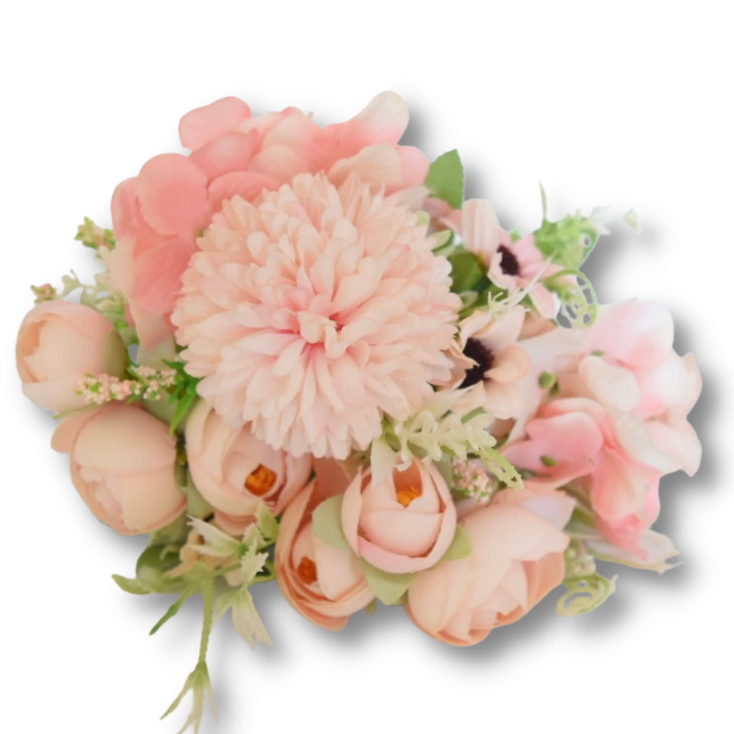 The Baked Studio – Silk Artificial Flower Bouquet (Peony Rose Hydrangea Foliage) – Realistic Fake Plant for Cake Decoration, Home Décor, Weddings, DIY and Crafts (Pink Peach)