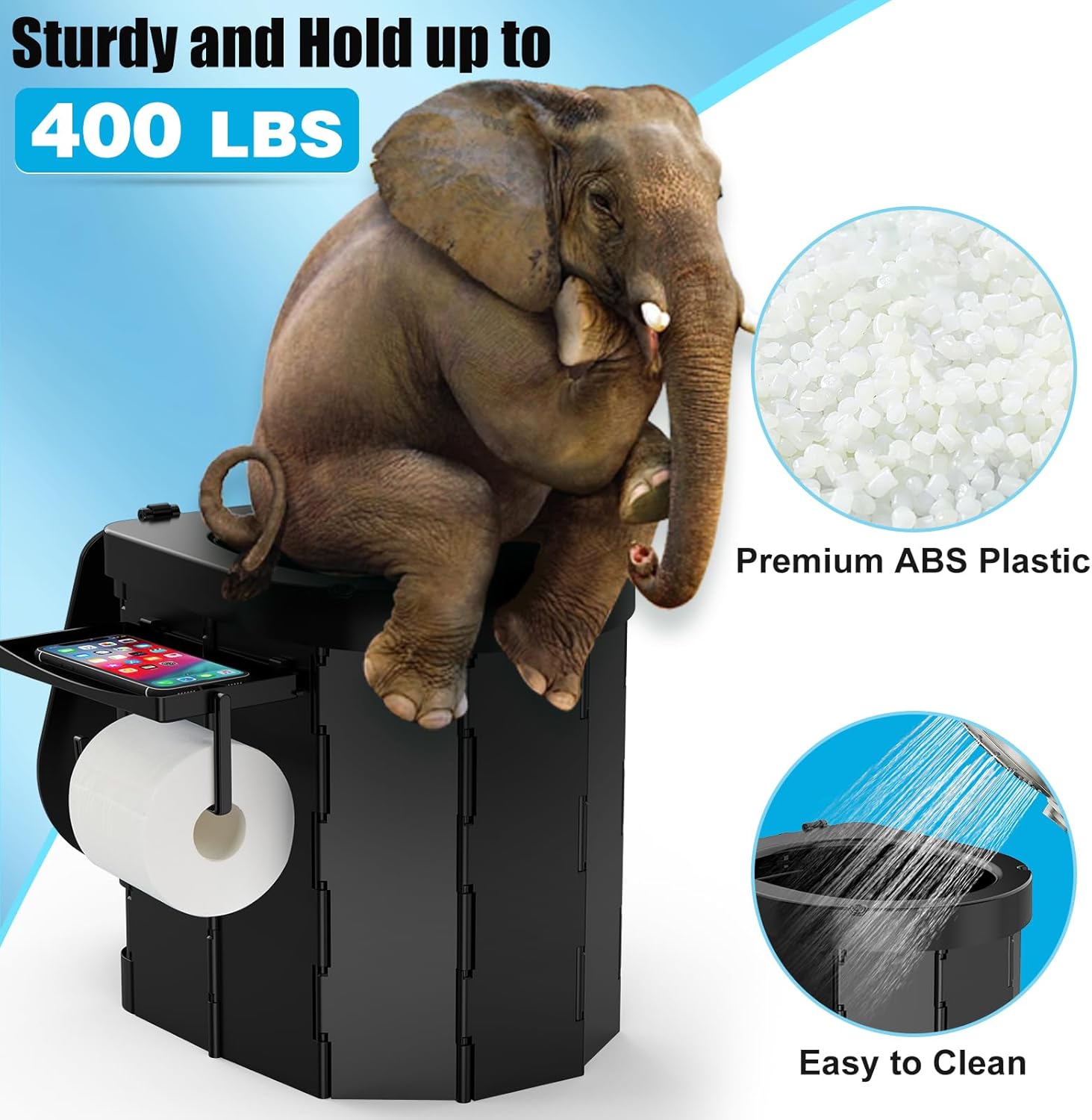 PAHTTO Portable Foldable Toilet for Adults with Detachable Phone Shelf and Paper Holder, Waterproof Porta Potty with Lid for Camping, Hiking, Long Road Trips, Car, Black