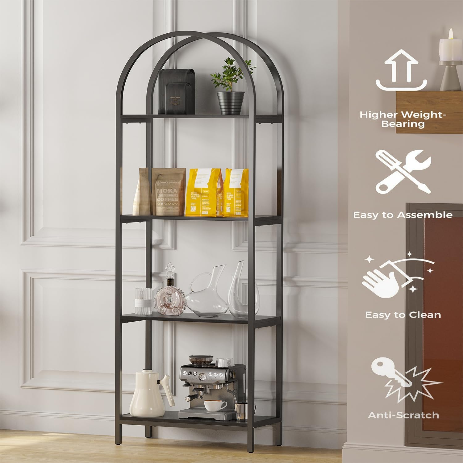 Bookshelf Arched Bookcase, 4 Tier Open Shelves with Metal Frame, Tall Freestanding Display Shelf for Home Office, Living Room,Easy Asssemble, Black