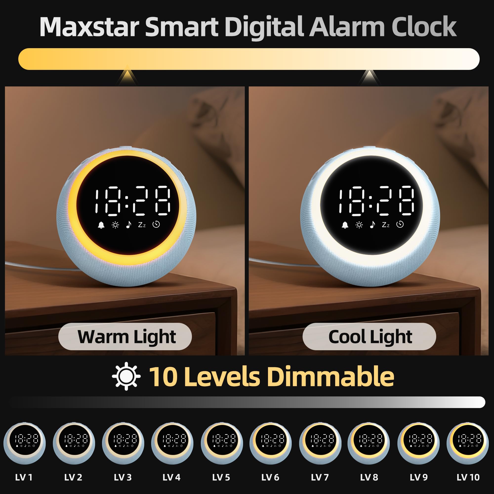 Maxstar Sveglia Digitale Intelligente con 25 Suoni Rilassanti, Luci Notturna,Snooze,Timer,Volume e Luminosità Regolabili - Sveglia da Comodino per Bambini,Adulti (Macchina Rumore Bianco per Dormire)