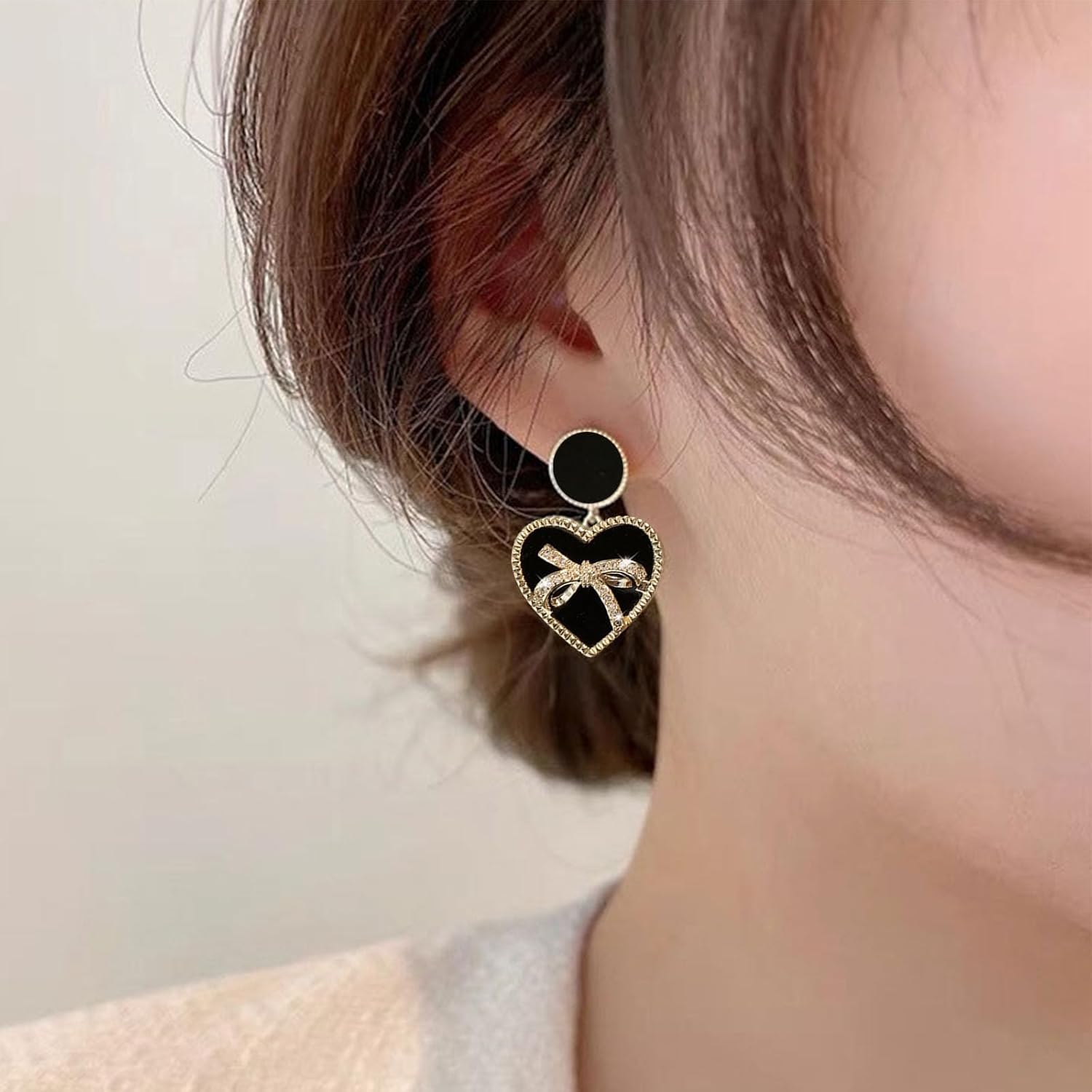 W WEILIRIAN Boho Crystal Heart Drop Earrings Love Heart Dangle Earrings Rhinestone Bow Earrings Black Round Stud Earrings Jewelry for Women - Image 2