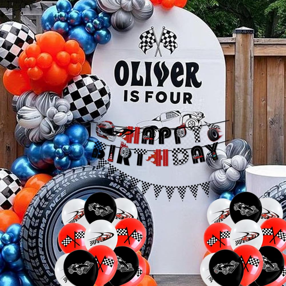 Bessmoso Décorations De Fête En Forme De Voiture De Course Avec Bannière « Happy Birthday », Drapeaux à Carreaux, Panneaux De Course, Ballons Pour Garçons Fans De Course Let's Go Racing Fournitures