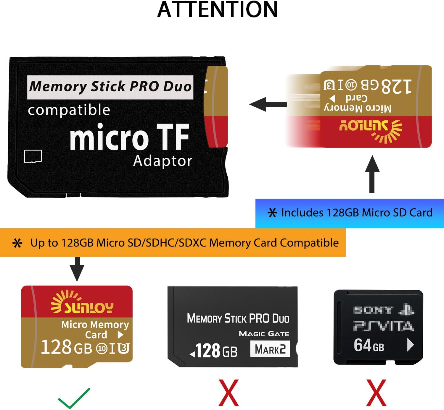 PSP Memory Stick Adapter with 128GB Micro SD Card, Micro SD/SDHC/SDXC to Memory Stick PRO Duo MagicGate Card Compatible with PlayStation Portable, Camera, Handycam, Smartphone, PSP 1000/2000/3000