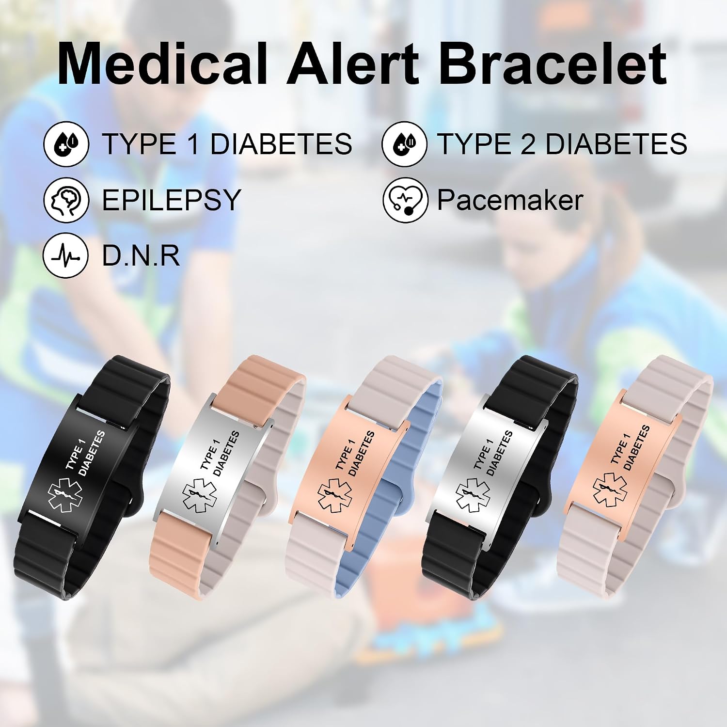 Medical Alert Bracelet for Women Men, Adjustable Waterproof Medical Alert ID Wristband for Diabetic D.N.R Epilepsy Pacemaker Blood Thinner