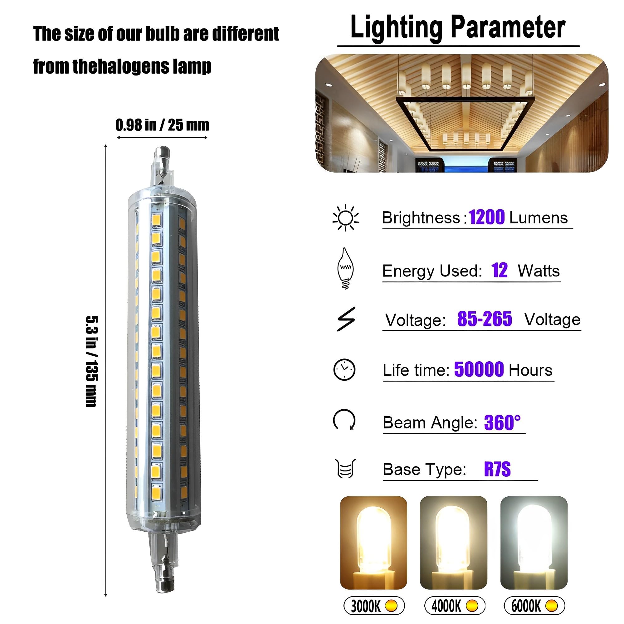 12W 1200LM R7S 135MM Bombillas LED AC 85-265V R7S Base 120W Bombilla halógena de tungsteno Bombillas de repuesto para iluminación de taller Lámparas de pie (paquete de 10)