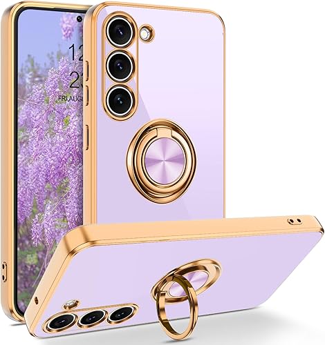 BENTOBEN Funda para Samsung Galaxy S23, soporte de anillo de 360, soporte de soporte para automóvil, elegante borde plateado, delgada, a prueba de