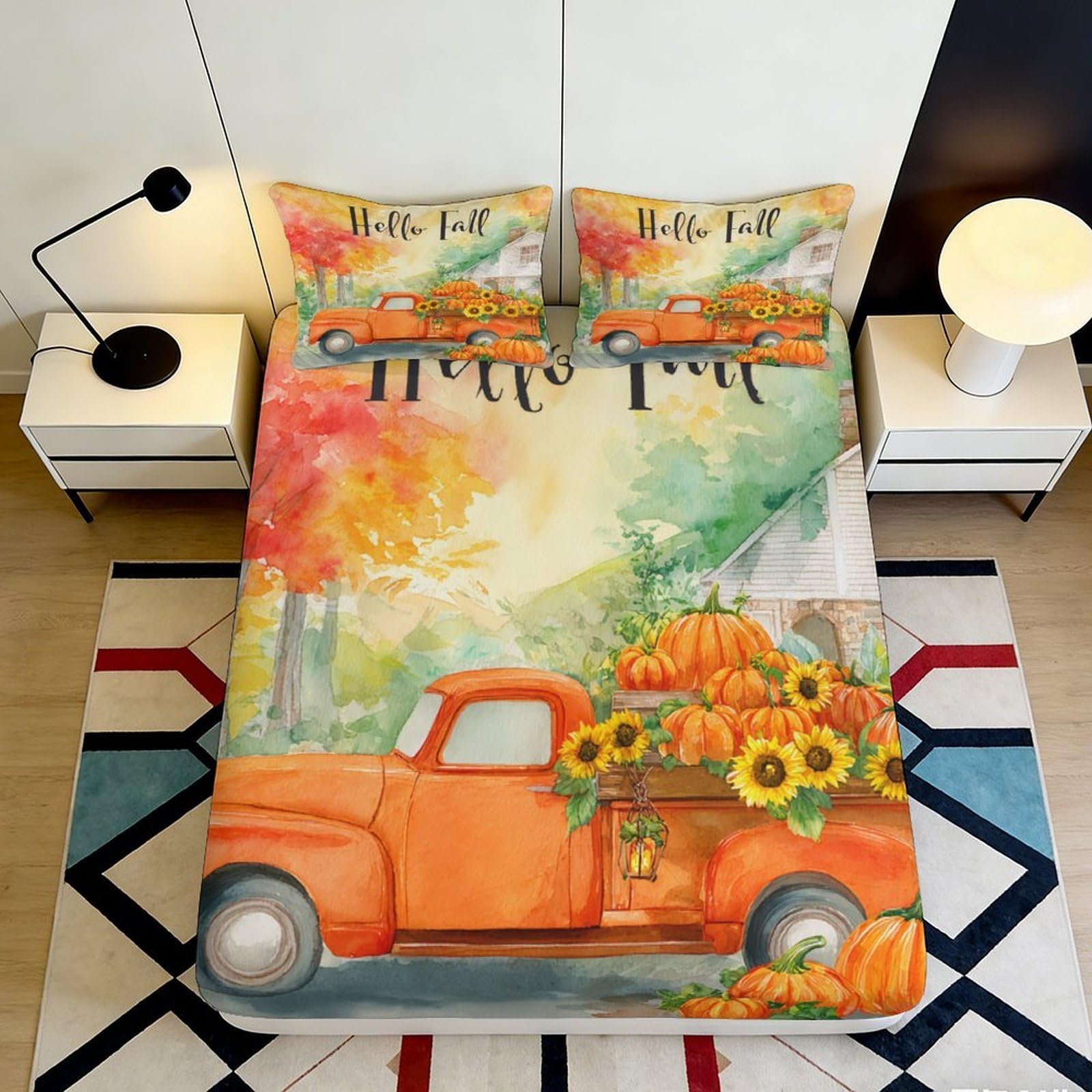 Pnayamiorkfel Style-9 3D Printed Autumn Truck Fitted Sheet Microfiber Orange Pumpkin Sunflower Mattress Cover For Bedroom Guest Room Decor 90X200x25cm