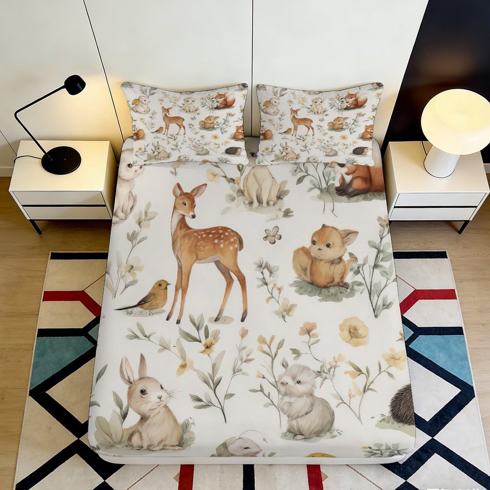 3D Printed Woodland Deer Fitted Sheet Microfiber Soft Breathable Forest Animals Mattress Cover for Bedroom Decor 90x200x25cm