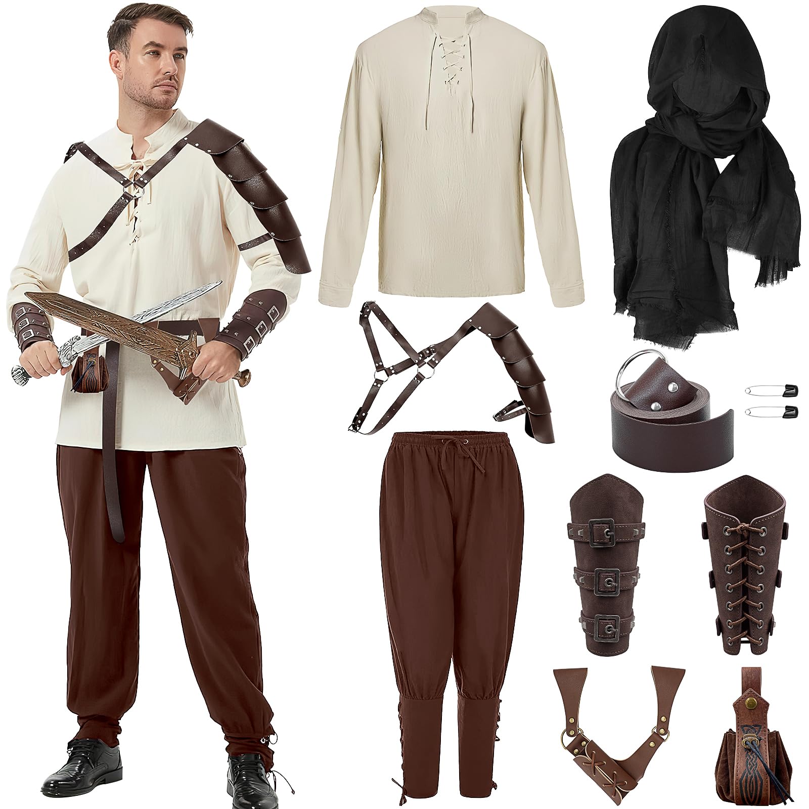HFZCV 8 Pcs Halloween Men's Renaissance Costume Set Medieval Viking Shirt Pant Belt Cape Bracer Sword Bag For cosplay (M)