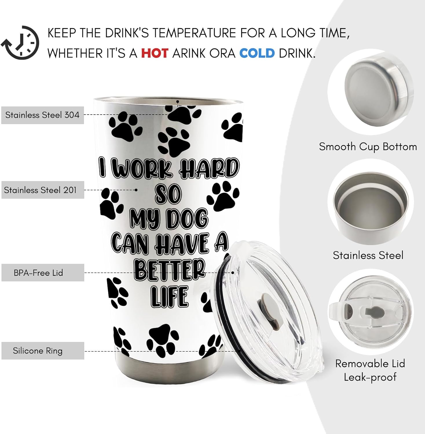 I Work Hard So My Dog Can Have A Better Life Dog Mom Dad 20oz Travel Coffee Mug Tumbler, Dog Gifts for Dog Lovers, Dog Paw Print Water Stainless Steel Tumbler with Lid and Straw Drinkware - Image 6