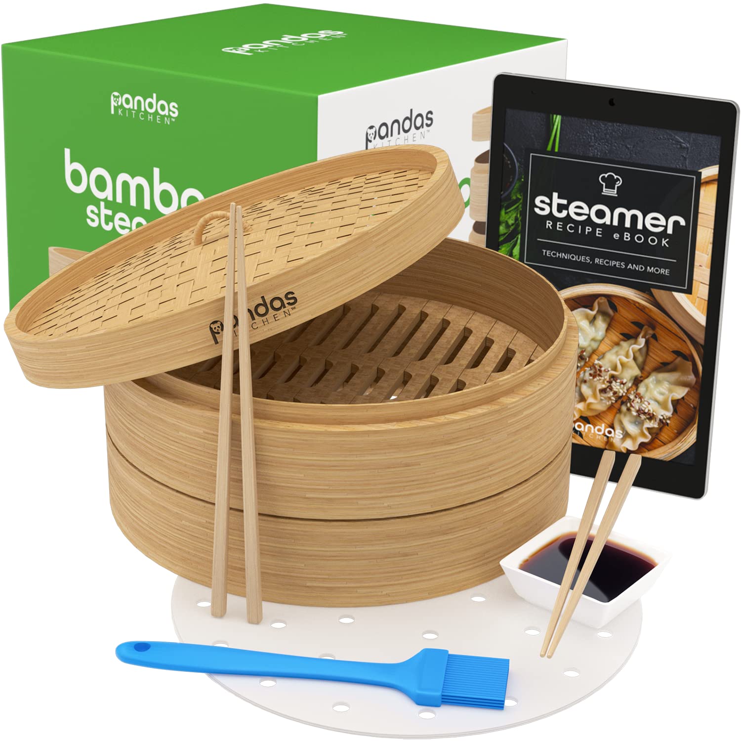 Pandas Kitchen 10-inch Bamboo Steamer for Cooking 2-Tier with 50 Wax Paper Liners