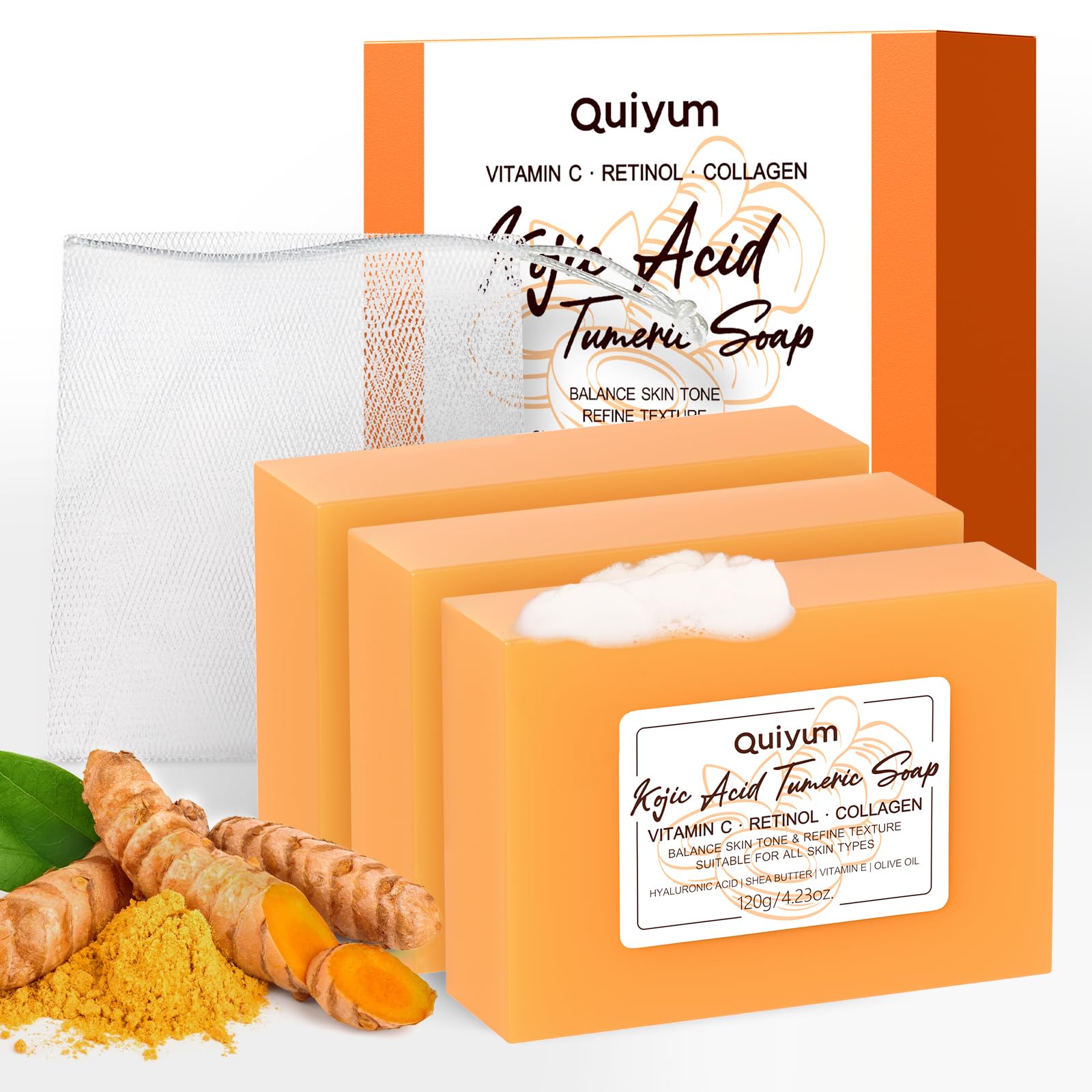Quiyum Kojic Acid & Turmeric Soap Bar (3x120g), Face & Body Cleanser with Vitamin C, Retinol