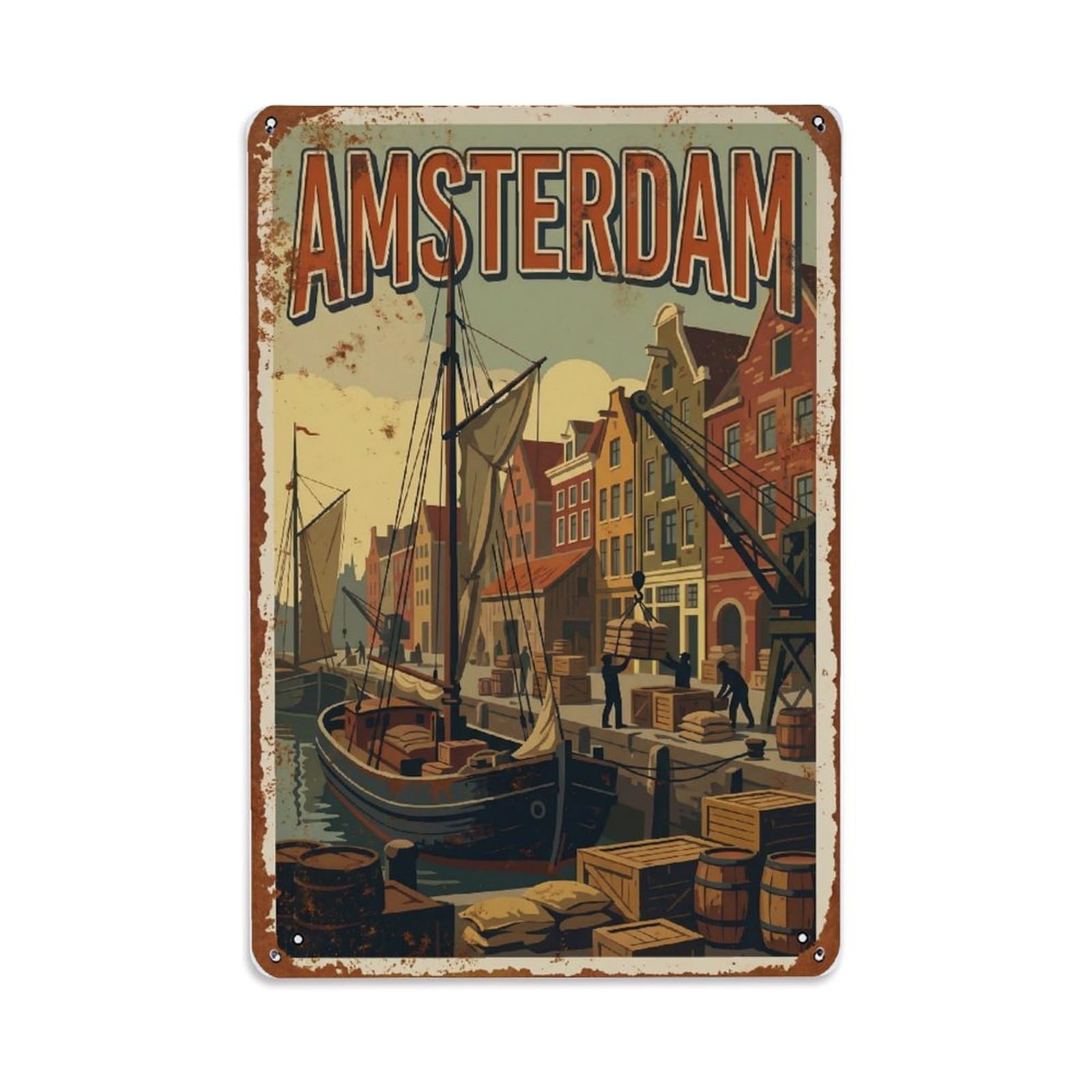 Vintage Travel Wharf Netherlands Loading Metal Tin Sign Plaque Wall Decor for Cafe, Club Bar, Office, Home Garden Metal Poster 8x12Inch