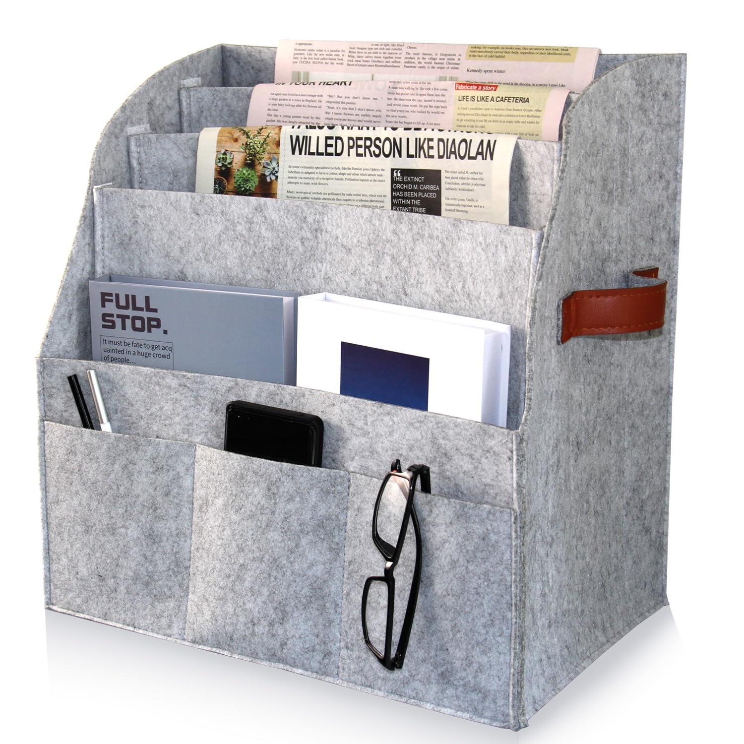 Magazine rack, stepped three-layer newspaper rack,foldable magazine storage basket,felt file rack manager,magazine storage,newspapers,remote control, glasses,mobile phone,tablet computer (grey)