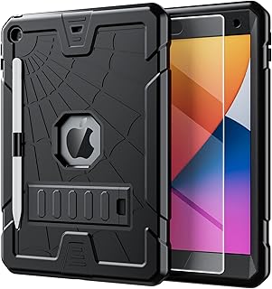 iPad 9th Generation Case for Kids with Glass Screen Protector 2021 | iPad 10.2 Case 8th 7th Generation w/Pencil Holder+Stand | Heavy Duty Drop Proof Case for iPad 9th 8th 7th Gen | Black