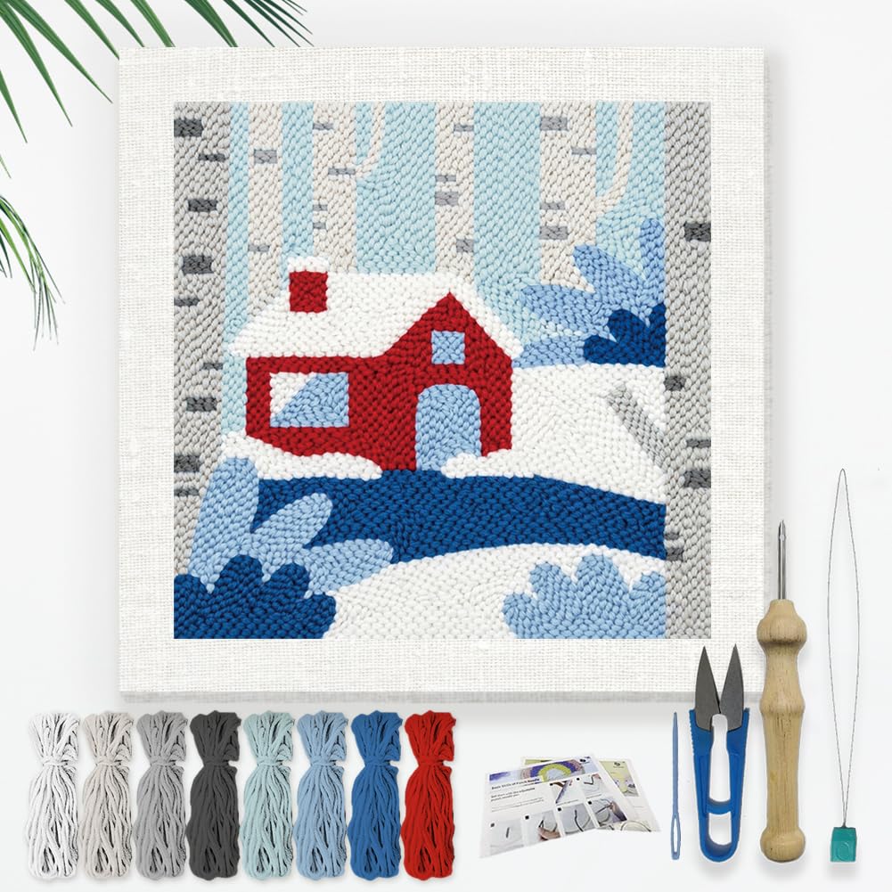 DOODLREAM Snowy Forest House Needle Kit for Beginner, 24x24cm Winter Cabin Punch Stitching Craft Set, DIY Embroidery Starter with Printed Frame, Instruction, Threader, Yarn, Pinch Needle