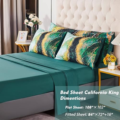 Miniatura 5 de PERFEMET Juego de edredón de 6 piezas con estampado de mármol y acuarela verde California King con sábanas, colorido y elegante diseño de obras de