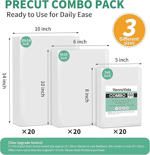 Miniatura 3 de VanruVida - Bolsas selladoras al vacío, 5 x 8 pulgadas y 6 x 10 pulgadas y 10 x 14 pulgadas precortadas, 60 unidades, comerciales de primera