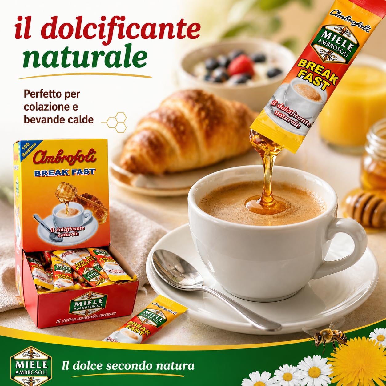 Ambrosoli Break Fast Miele in Bustine Monodose 100 x 16g (1,6 kg) – Dolcificante Naturale per Caffè, Tè e Colazione – Formato Espositore