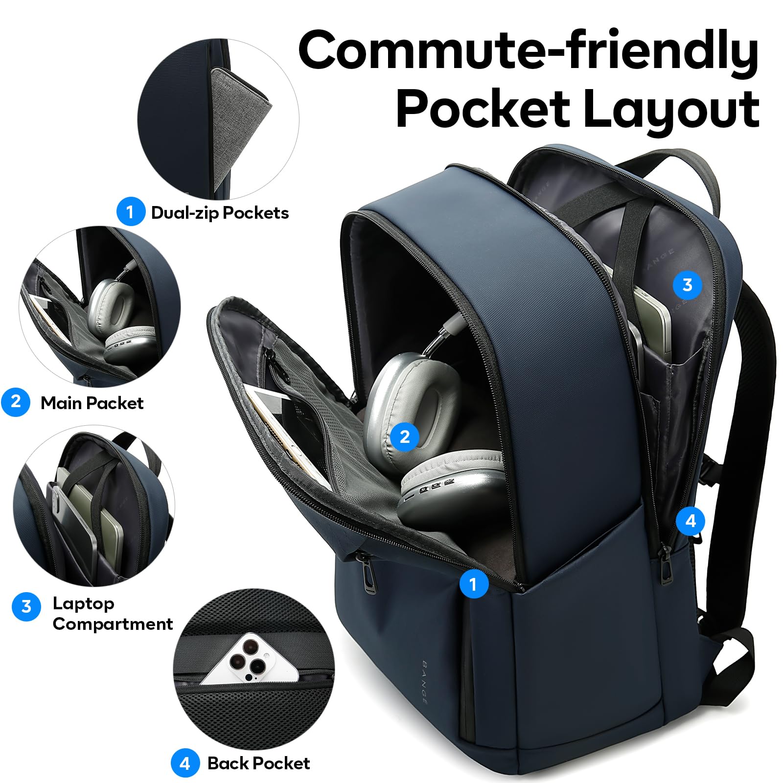 BANGE Sac à dos professionnel pratique pour hommes et femmes, pour ordinateur portable jusqu'à 15,6 pouces, étanche, idéal pour le travail, les déplacements et les voyages, format cabine, bleu