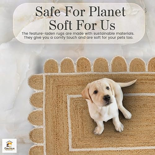 Miniatura 9 de GRUHUM Alfombra de yute festoneado de 2 pies 6 pulgadas x 6 pies, base natural, ribete blanco roto, tejida a mano, reversible, suave, trenzada, de