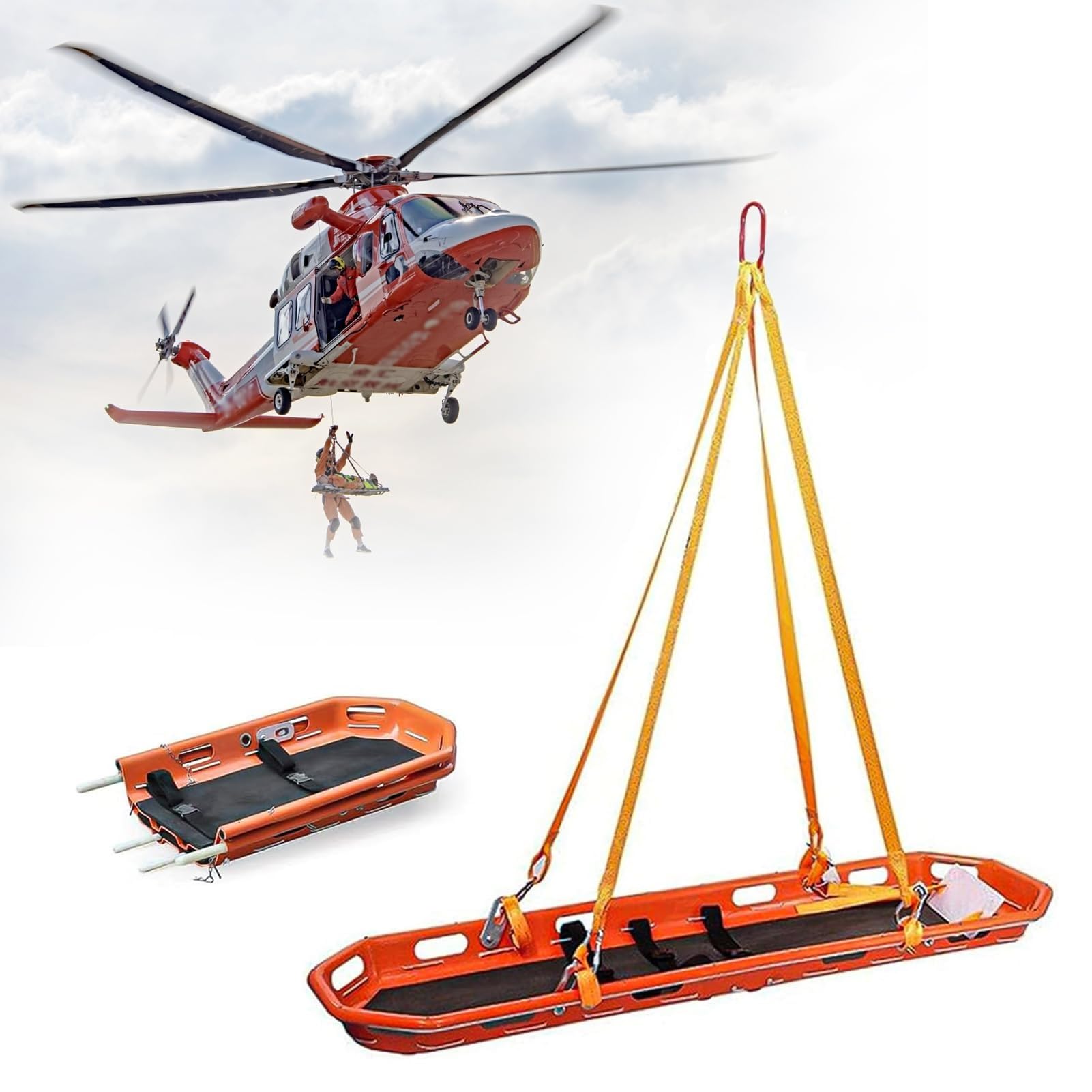 Camilla de rescate Tipo cesta, Camilla de emergencia, con diseño desmontable, capacidad de 270 kg, Puntos de sujeción de Acero inoxidable y correas reforzadas Par, Orange