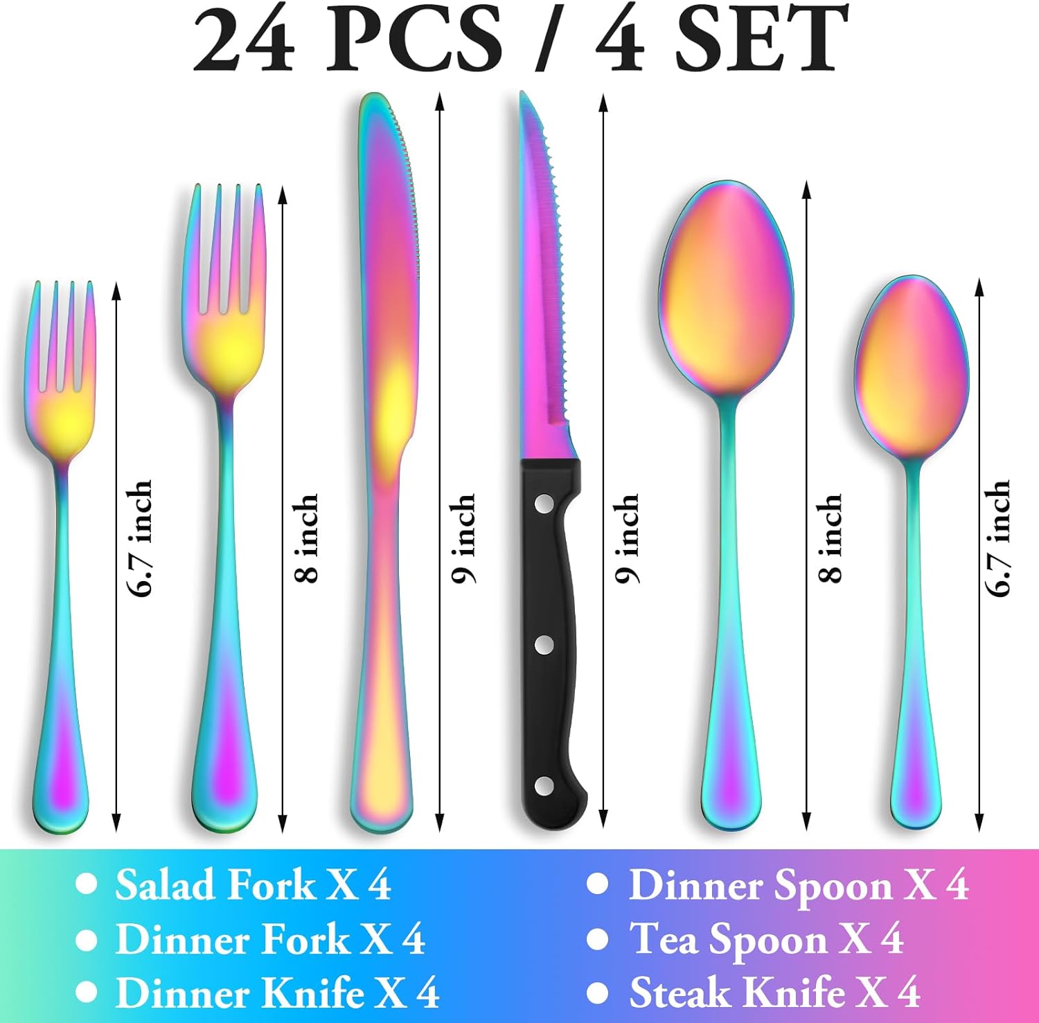 24 Pcs Rainbow Silverware Set with Steak Knives, Stainless Steel Flatware Cutlery Set for 4, Kitchen Tableware Sets, Utensil Sets for Home and Restaurant, Dishwasher Safe image 2