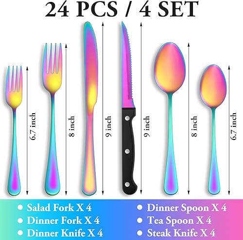 Miniatura 54 de Juego de cubiertos de 24 piezas, servicio para 4, de acero inoxidable, pulidos con espejo, juego de vajilla para comer, incluye juego de tenedor