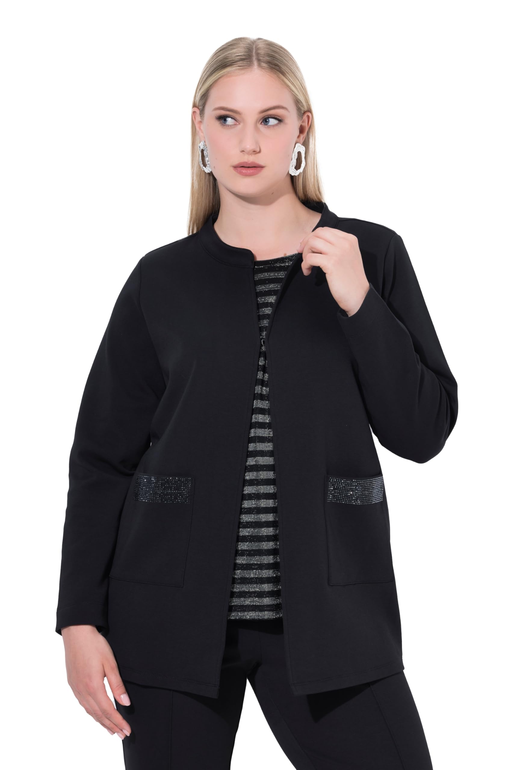 Ulla Popken Damen große Größen Übergrößen Plus Size Sweatjacke, Ziersteine, Rundhals, Hakenverschluss 844916