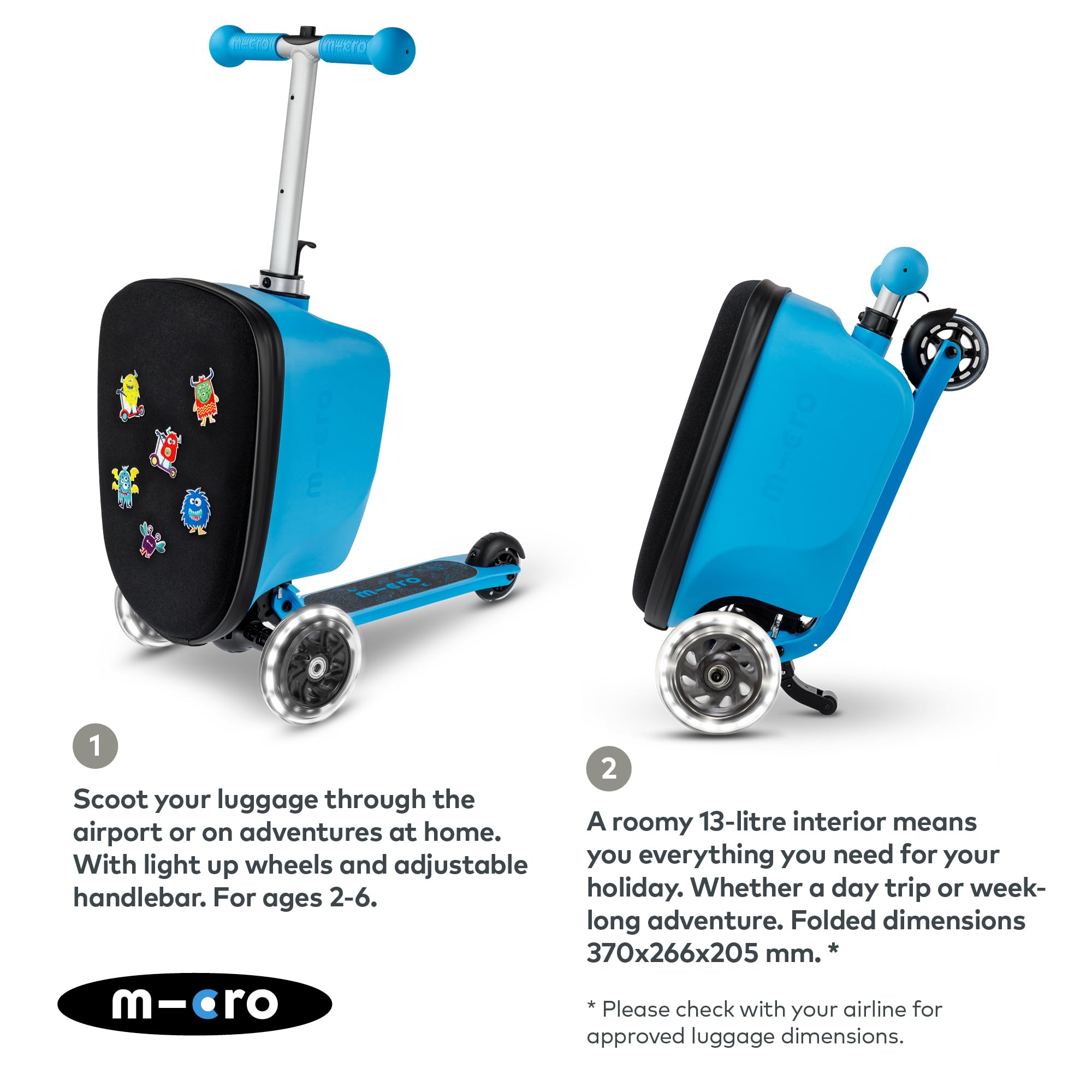 Micro™ Luggage junior Patch & Play wózek dziecięcy z hulajnogą | regulowana wysokość i składana | walizka podróżna | bagaż podręczny dla dzieci | walizka, wózek i hulajnoga w wieku od 3 lat