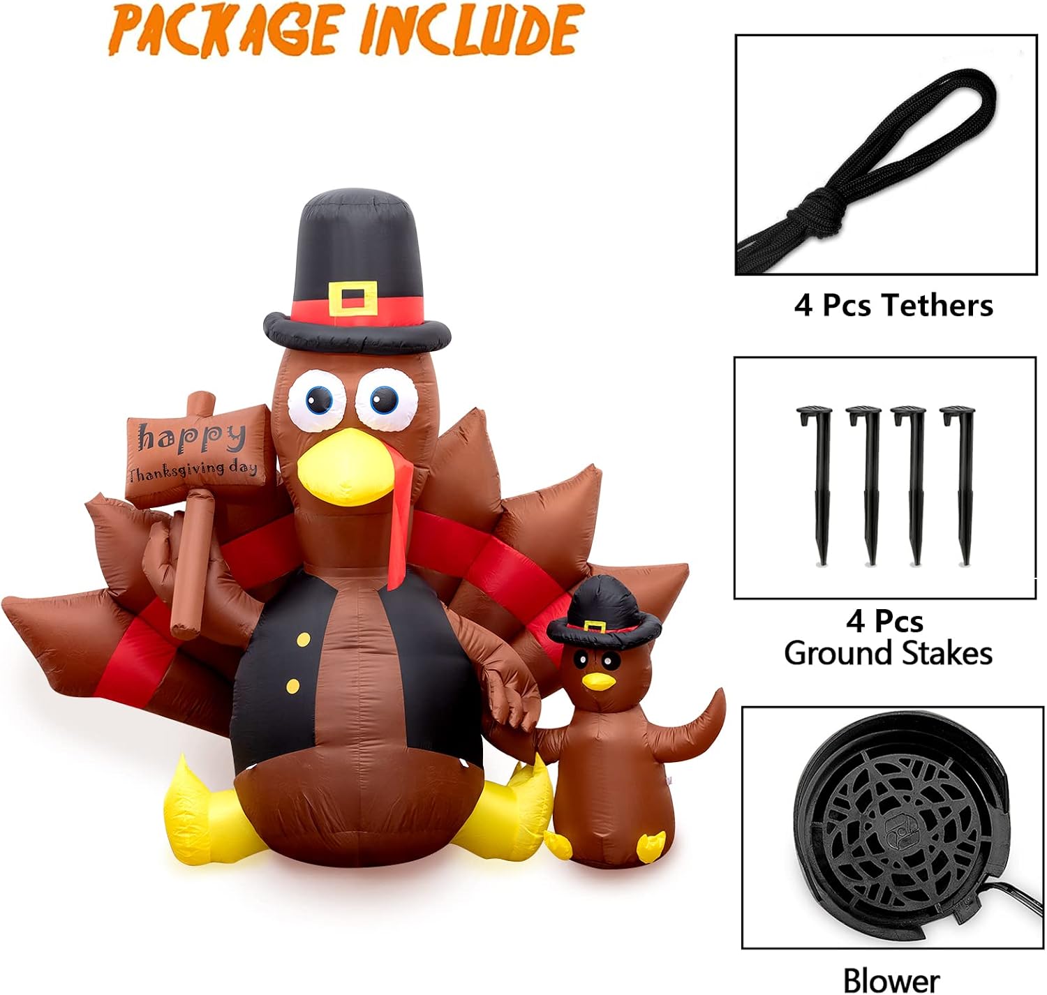6Ft Inflatable Turkey Thanksgiving Inflatable Decorations Blow Up Turkey Built-in LED Lights,Tie-Down Points, and Built-in Fan for Outdoor, Yard, Garden,Lawn,Party