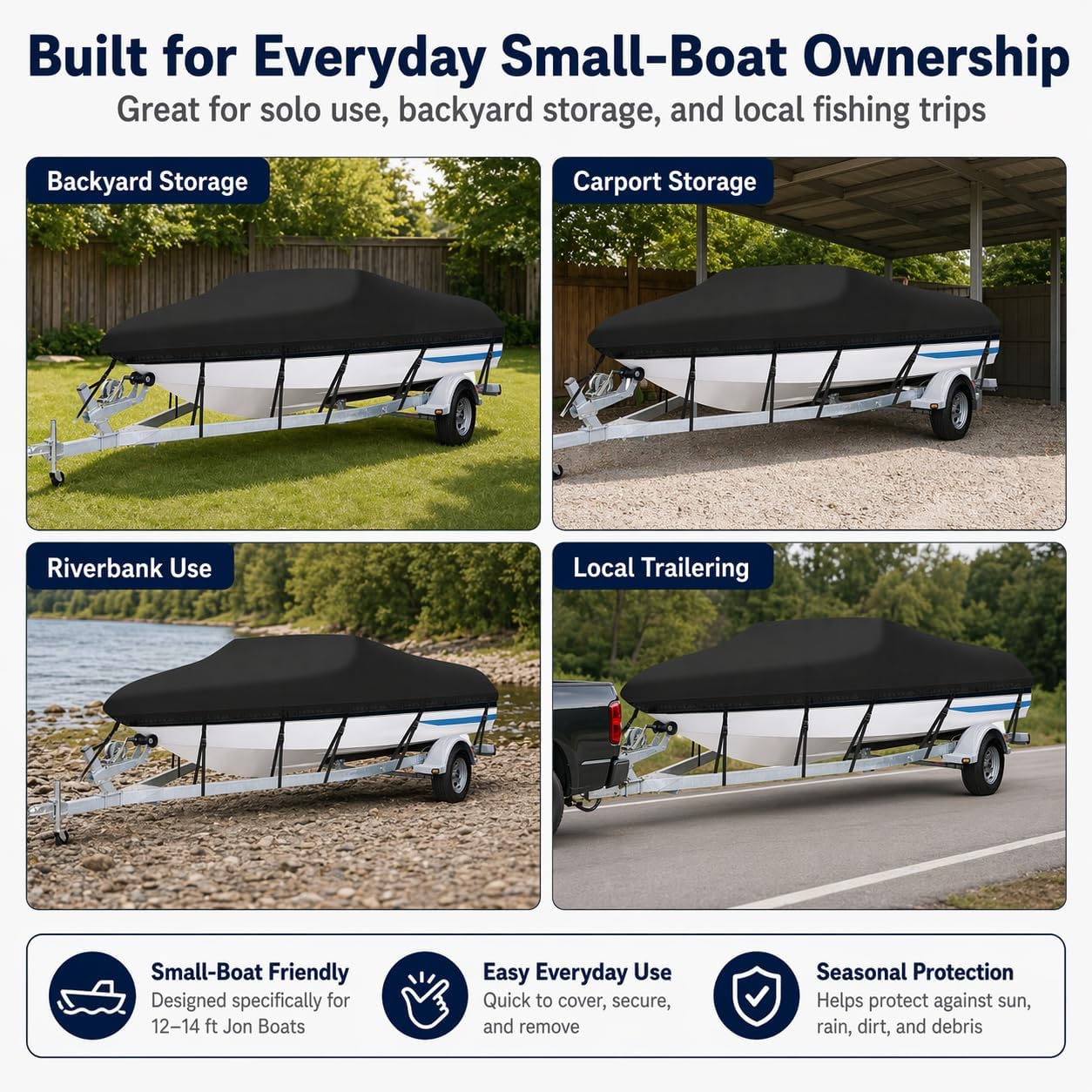 Anglink Jon Boat Cover 12-14 ft, 600D Heavy Duty Marine Grade Water Resistant Flat Bottom Boat Cover, Fits Aluminum Fishing Boats up to 68" Beam Width, UV Protection Trailerable Storage Cover, Black