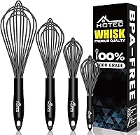 HOTEC 4-Piece Silicone Whisk Set - Non-Scratch Balloon Egg Beaters with Non-Slip Handles for Cooking, Baking & Blending (Black)