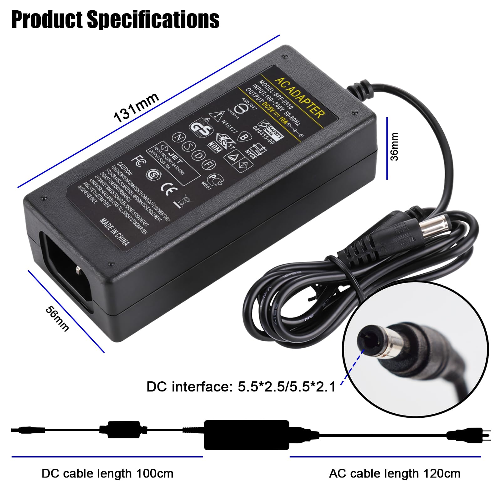Alimentatore 5V 10A 50W, Adattatore di Alimentazione AC 100-240V a DC 5V, Trasformatore Stabilizzato con Spina UE, Interfaccia 5.5x2.5mm per Telecamere CCTV, Strisce LED, Dispositivi Elettronici