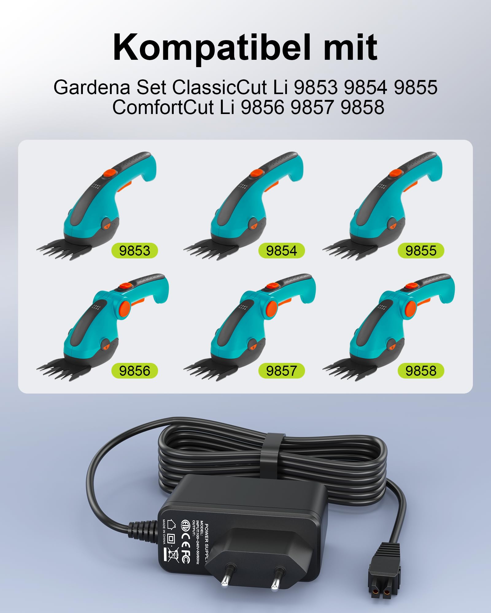Cavo di ricarica compatibile con Gardena 9853 9854 9855 per tosaerba Gardena ClassicCut Li, alimentatore di rete da 5,5 V con cavo da 1,8 m