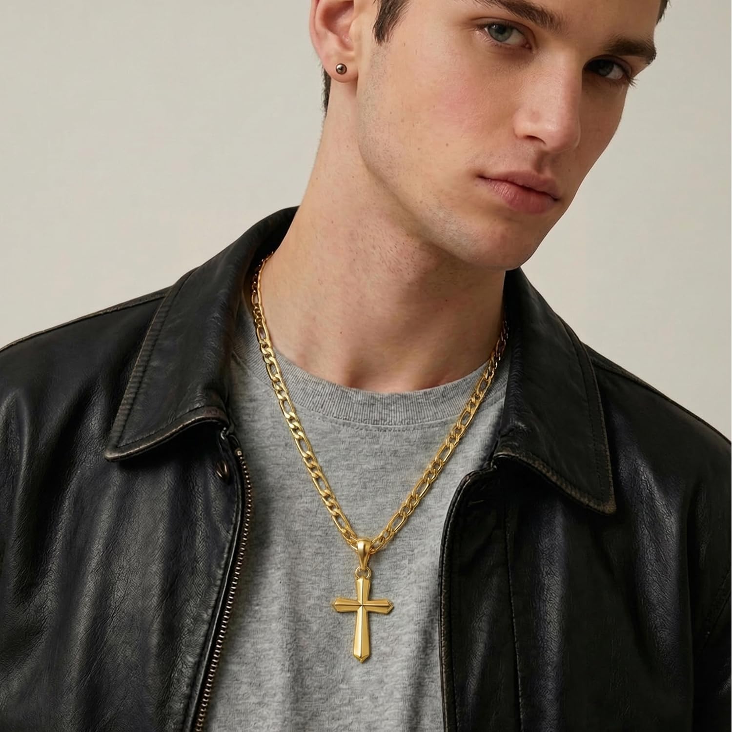 Mens Cross Necklaces 14K Gold Cross Necklace for Men Gold Crosses Necklaces for Men Figaro Chain with Smooth Surface Crosses Chain Pendant Necklace for Mens - Image 5